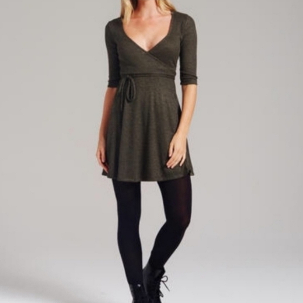 Khaki Stretch Ribbed Wrap Mini Dress